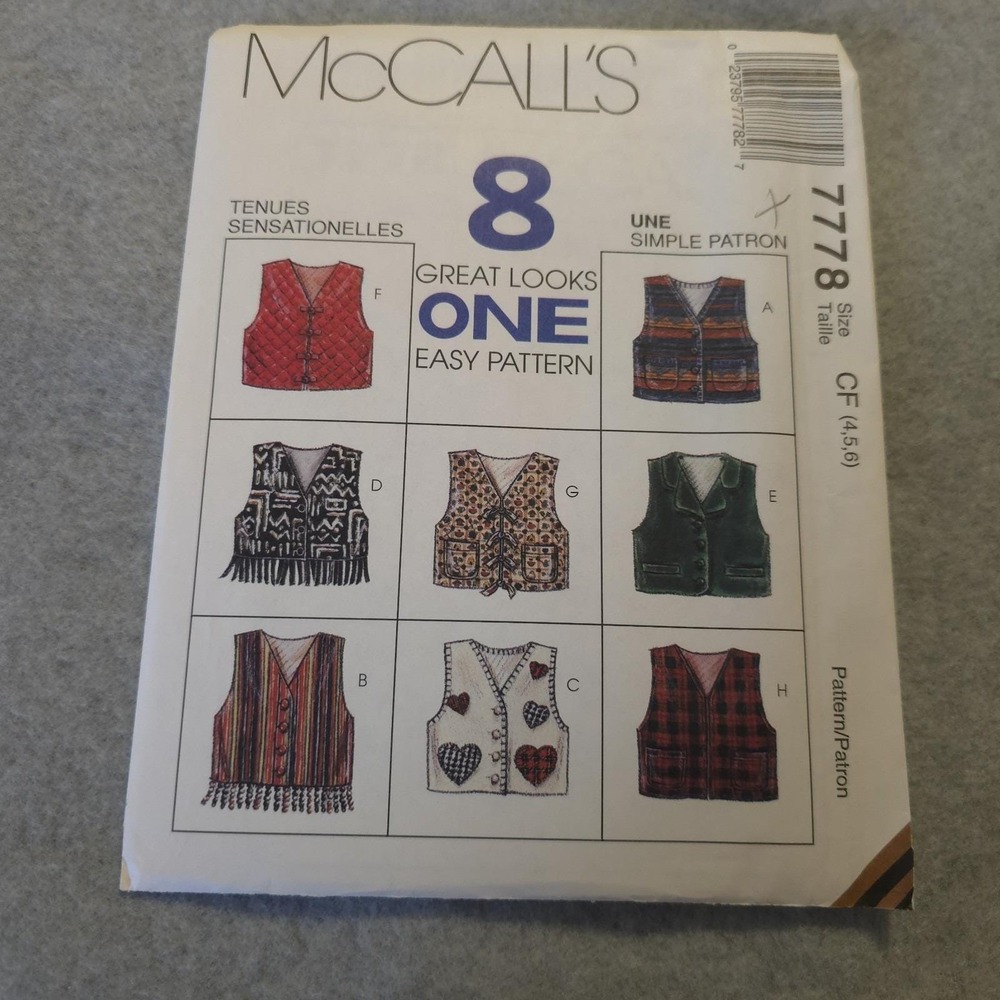 McCall's 7778 Vest Pattern Sz 4-6 Uncut 8 Styles Boho Cottagecore Vintage